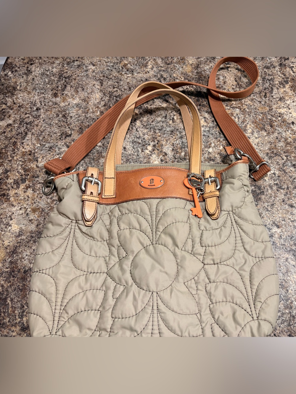 Fossil Quilted Beige Shoulder Bag with Tan Trim
